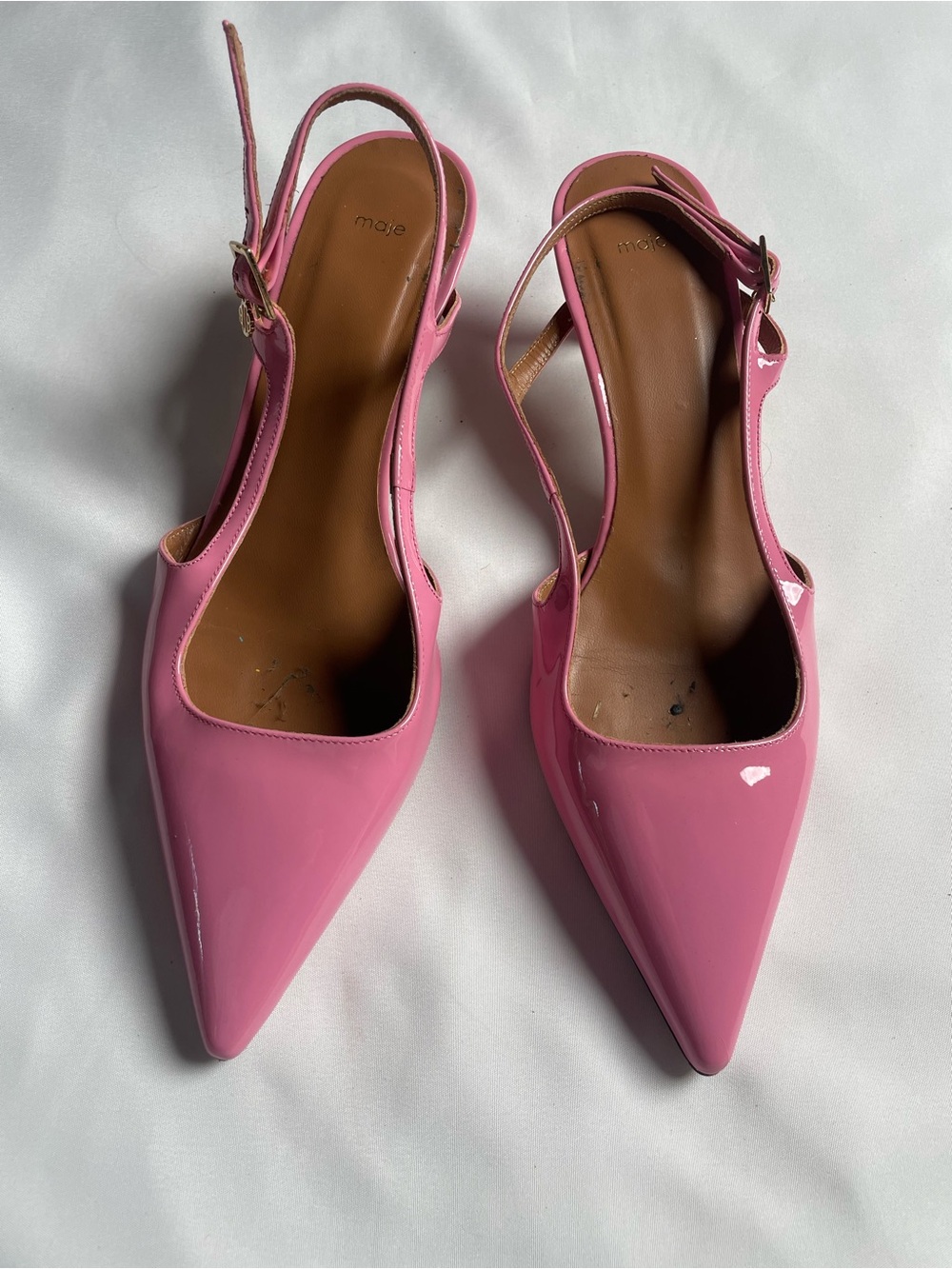 Maje Pink Patent Pointed-Toe Slingback Pumps